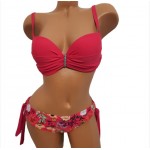 Costum de Baie roz din doua piese cu sutien push up bretele detasabile slip normal  CBD036