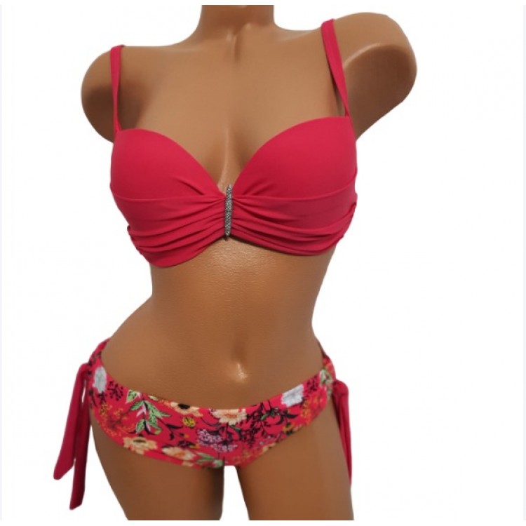 Costum de Baie roz din doua piese cu sutien push up bretele detasabile slip normal  CBD036