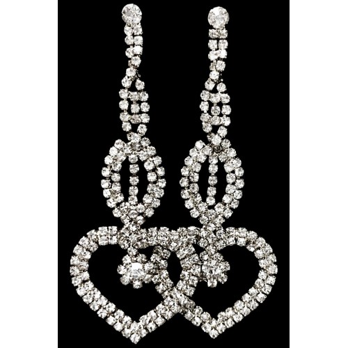 Cercei eleganti lungi argintii cu inima si strasuri CW38