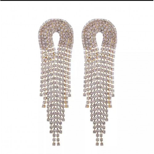 Cercei eleganti lungi aurii cu franjuri si strasuri CW56