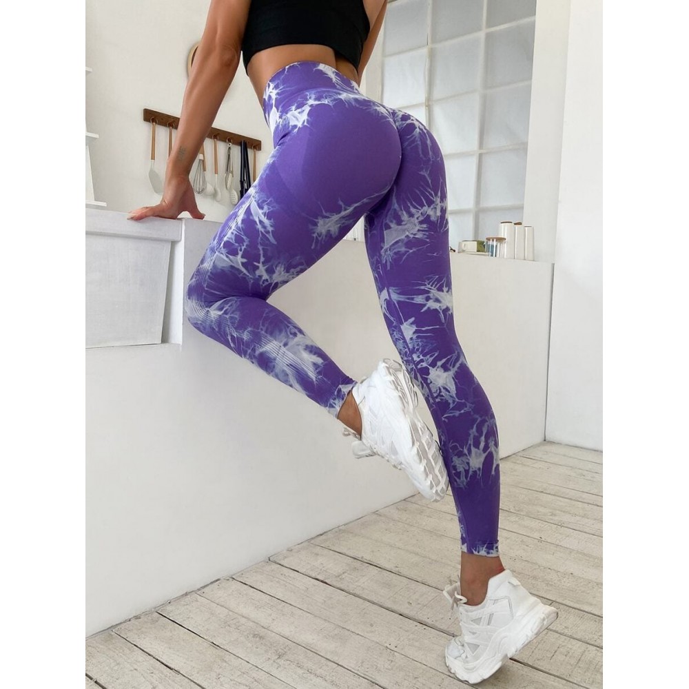 Colanti Dama Sport Modelatori  Purple Design Marmorat  lungi cu talie inalta  si efect Push -Up CDFIT092