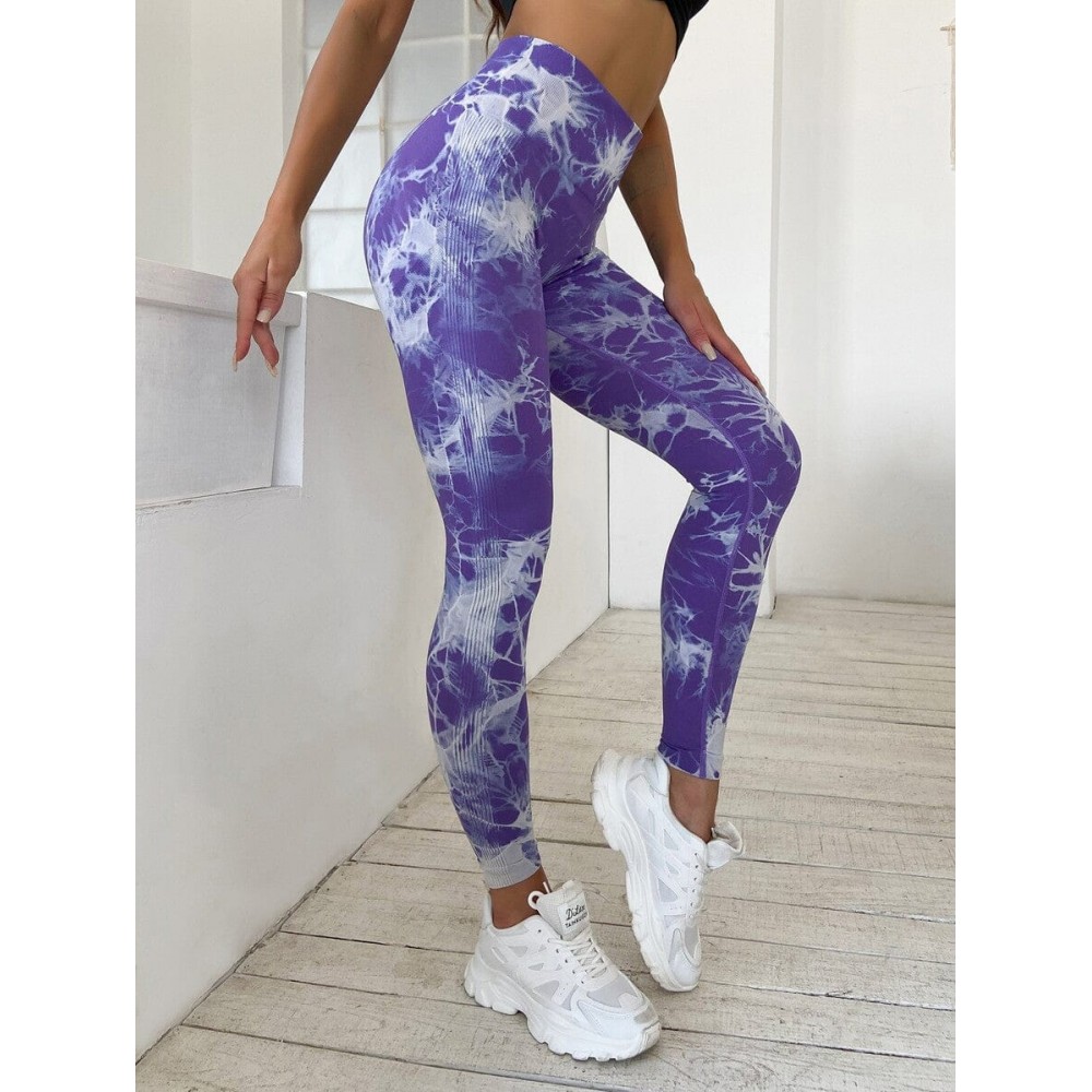 Colanti Dama Sport Modelatori  Purple Design Marmorat  lungi cu talie inalta  si efect Push -Up CDFIT092