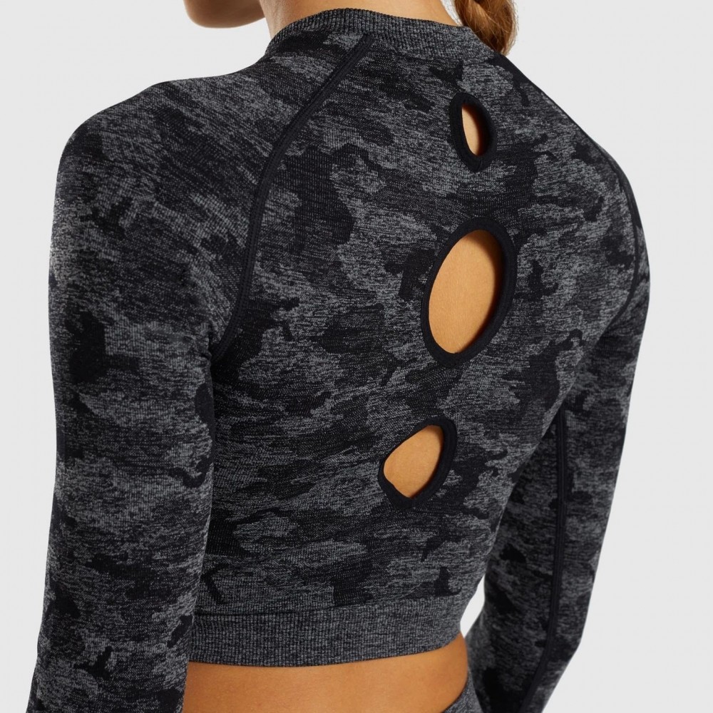 Costum Sport Fitness Camuflaj Colanti si Bluza Crop cu Maneca Lunga Gri cu Negru  SFIT006