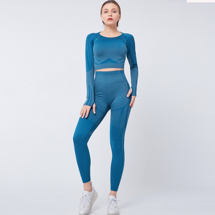 Set Fitness albastru Colanti si Bluza crop cu maneca lunga si spate decupat SFIT010