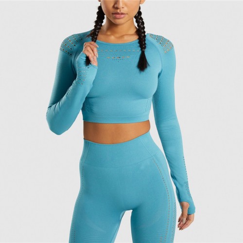 Compleu Fitness Sport albastru Colanti si Bluza scurta cu perforatii SFIT011