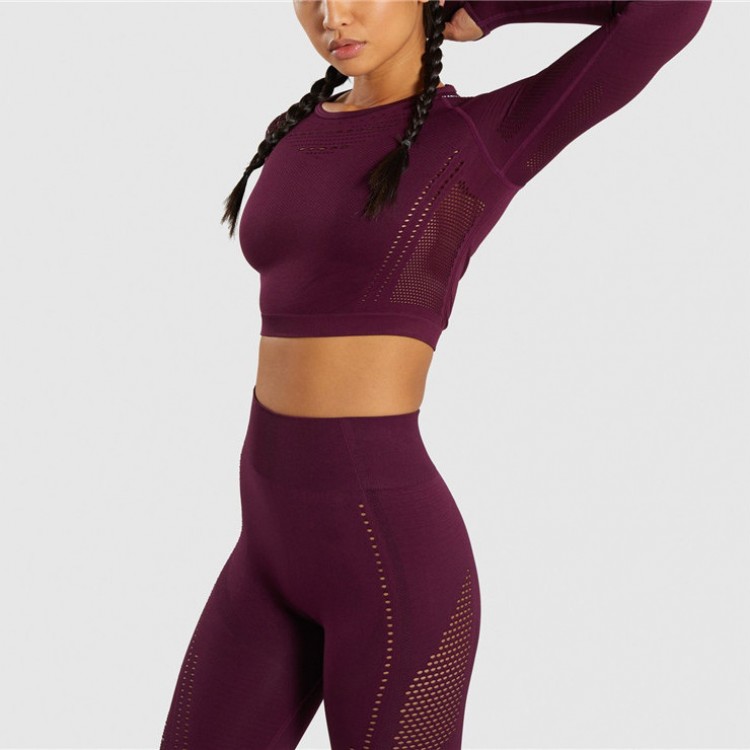 Compleu Fitness Sport burgundy Colanti si Bluza scurta cu perforatii SFIT011