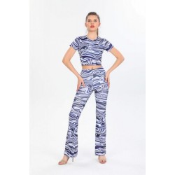 Set Dama din 2 piesec ompus din colanti cu talie înalta evazați cu tricou scurt si imprimeu albastru CD003