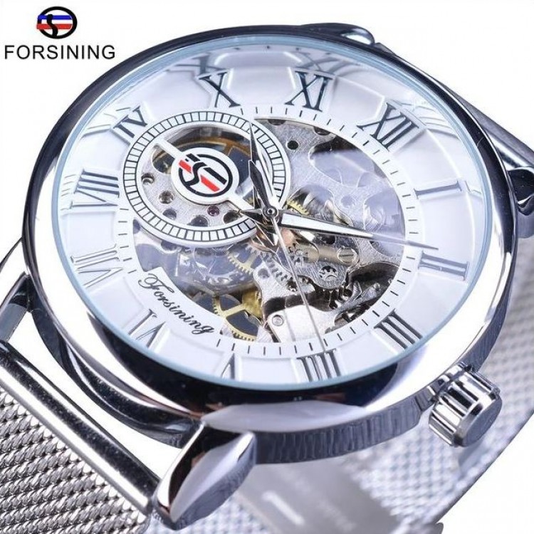 Ceas Barbati Luxury Automatic fara Baterie cu ace Fosforescente Argintiu cu Alb Forsining CBFR002