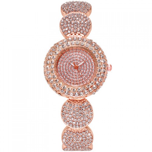 Ceas Dama Elegant auriu rosiatic rotund cu bratara metalica si strasuri Geneva CDGV023