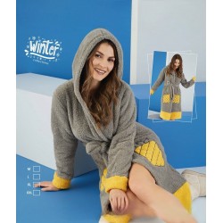 Halat Dama Plusat Pufos Cocolino Khaki cu Gluga si Imprimeu HLT05 Halat Dama Plusat Pufos Cocolino Khaki cu Gluga si Imprimeu HLT05