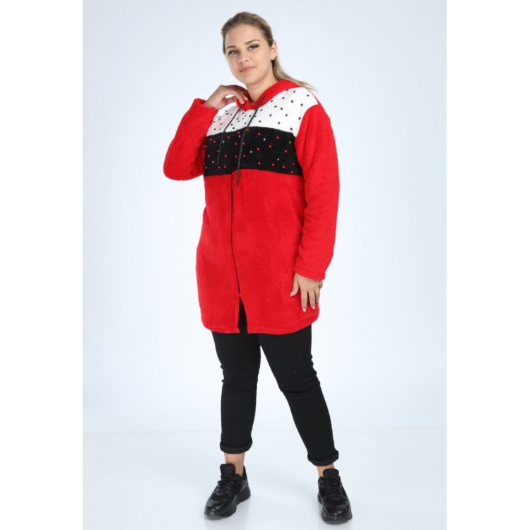 Cardigan dama rosu fashion din polar pufos cu fermoar si buzunare si accesorii perle CRDG03