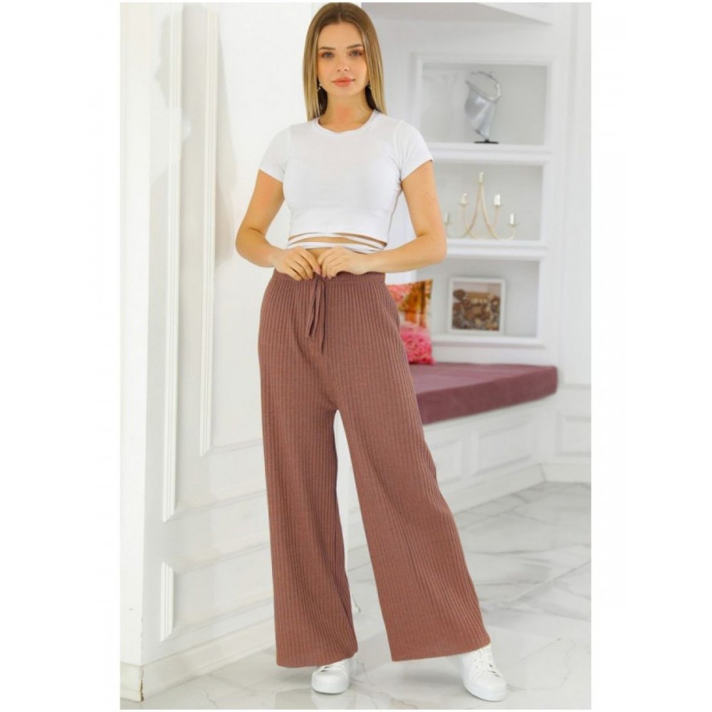 Pantaloni Dama striati largi maro cu talie inalta PD002