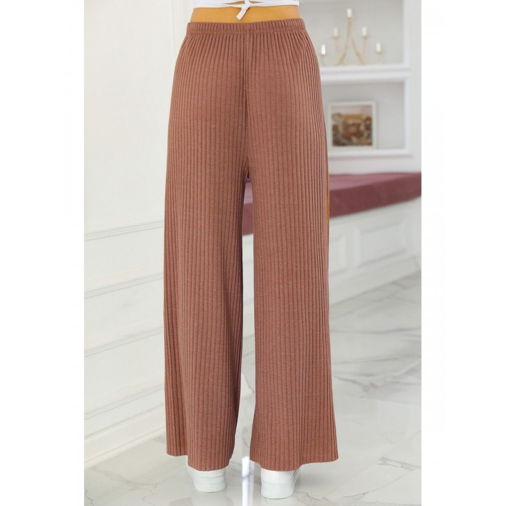 Pantaloni Dama striati largi maro cu talie inalta PD002