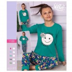 Pijama copii vatuita cu bluza verde imprimeu smile si pantaloni lungi  PJC010