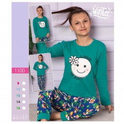 Pijama copii vatuita cu bluza verde imprimeu smile si pantaloni lungi  PJC010 Pijama copii vatuita cu bluza verde imprimeu smile si pantaloni lungi  PJC010