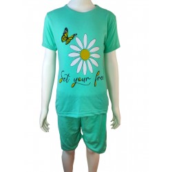 Pijama copii verde cu imprimeu floare tricou  si pantaloni scurti  PJCCF016 Pijama copii verde cu imprimeu floare tricou  si pantaloni scurti  PJCCF016
