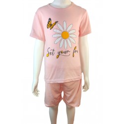 Pijama copii roz cu imprimeu floare tricou  si pantaloni scurti  PJCCF016 Pijama copii roz cu imprimeu floare tricou  si pantaloni scurti  PJCCF016