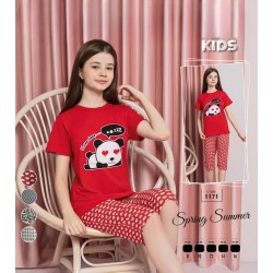 Pijama copii rosie cu imprimeu ursulet tricou si pantaloni scurti  PJCCF018 Pijama copii rosie cu imprimeu ursulet tricou si pantaloni scurti  PJCCF018