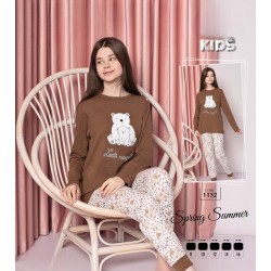 Pijama fete bluza maro cu maneca lunga si pantaloni lungi cu imprimeu PJCF019 Pijama fete bluza maro cu maneca lunga si pantaloni lungi cu imprimeu PJCF019