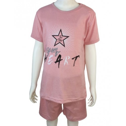 Pijama copii roz cu imprimeu stea tricou  si pantaloni scurti  PJCCF015