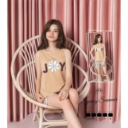 Pijama copii crem cu imprimeu maiou si pantaloni scurti  PJCCF020 Pijama copii crem cu imprimeu maiou si pantaloni scurti  PJCCF020