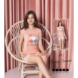 Pijama copii roz cu imprimeu nori maiou si pantaloni scurti  PJCCF020 Pijama copii roz cu imprimeu nori maiou si pantaloni scurti  PJCCF020