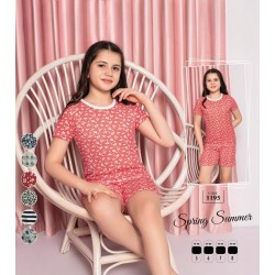 Pijama copii rosie cu imprimeu flori albe tricou si pantaloni scurti  PJCCF021 Pijama copii rosie cu imprimeu flori albe tricou si pantaloni scurti  PJCCF021