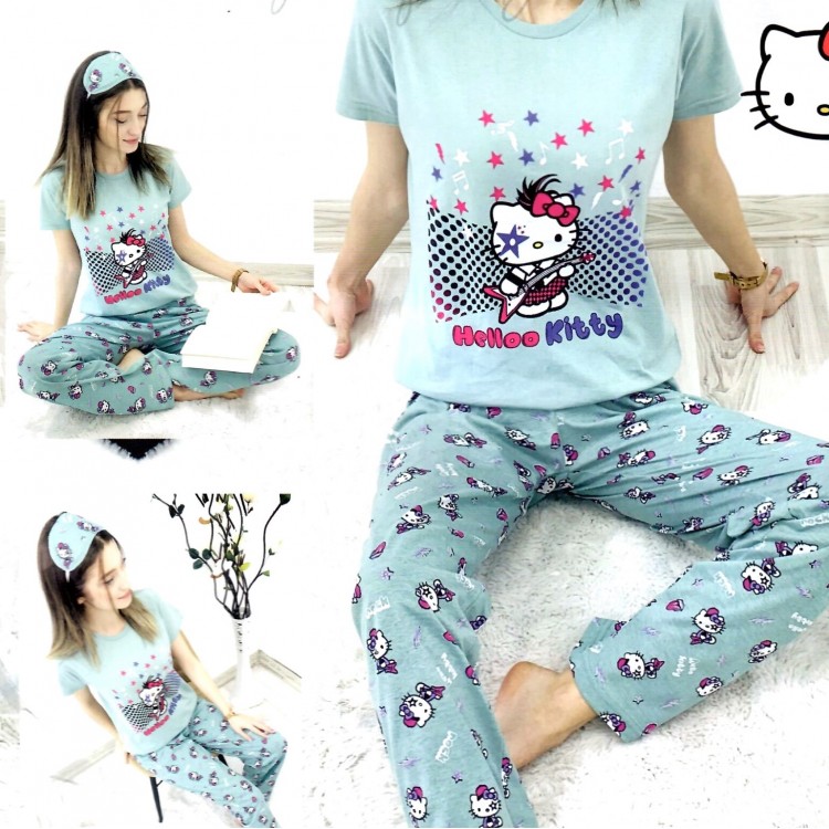 Pijama Dama Turcoaz cu Masca de dormit Maneca Scurta si Pantaloni Lungi  HKity PJD016