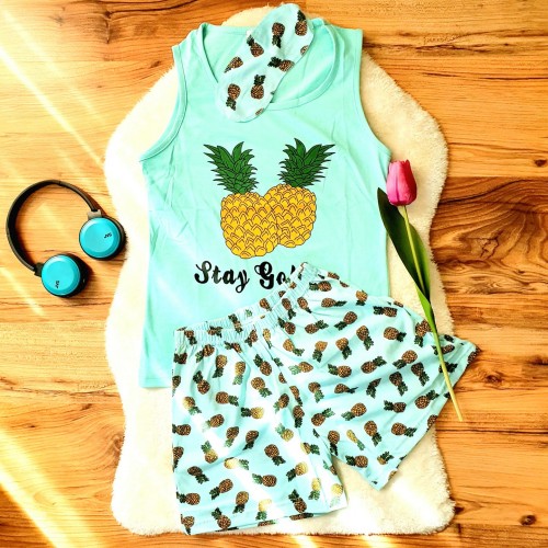 Pijama Dama cu Masca de dormit, Maiou si Pantaloni Scurti Ananas PJD023