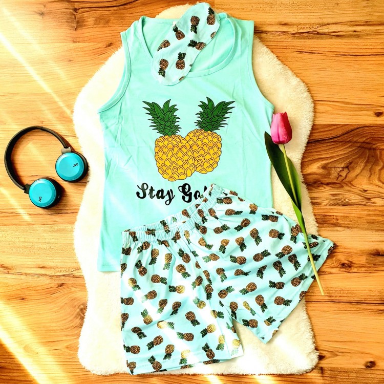 Pijama Dama cu Masca de dormit, Maiou si Pantaloni Scurti Ananas PJD023