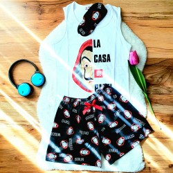 Pijama Dama Alba cu Masca de dormit, Maiou si Pantaloni Scurti PJD025 Pijama Dama Alba cu Masca de dormit, Maiou si Pantaloni Scurti PJD025