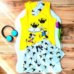 Pijama Dama Galbena cu Masca de dormit Maiou si Pantaloni Scurti Ballon PJD027 Pijama Dama Galbena cu Masca de dormit Maiou si Pantaloni Scurti Ballon PJD027