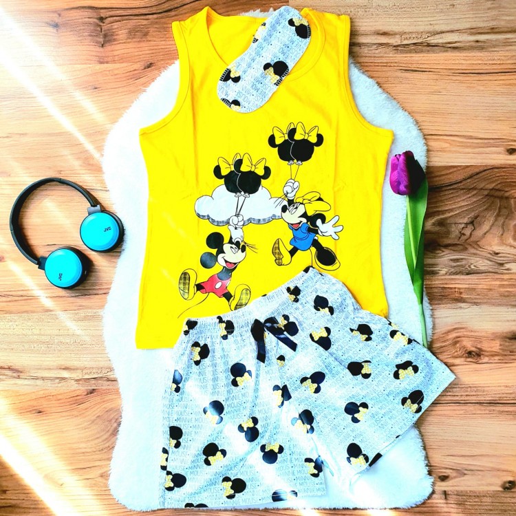 Pijama Dama Galbena cu Masca de dormit Maiou si Pantaloni Scurti Ballon PJD027