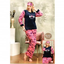 Pijama Rosie Cocolino groasa din material pufos din trei piese cu pantaloni lungi si masca somn cu inimioare PJD038 Pijama Rosie Cocolino groasa din material pufos din trei piese cu pantaloni lungi si masca somn cu inimioare PJD038