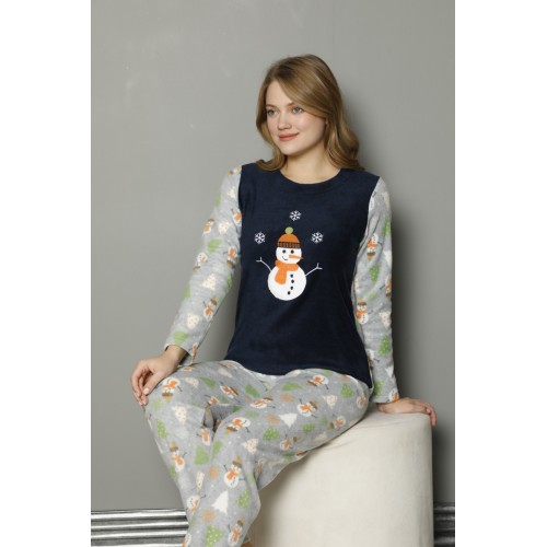 Pijamale dama bleumarin din doua piese cu bluza cocolino si pantaloni lungi cu imprimeu Om de Zapada PJD042