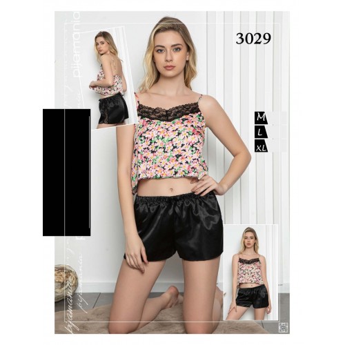 Pijama neagra dama din satin lejera sexy maiou  si pantaloni scurti PJD044