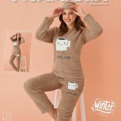 Pijama Cocolino Dama Capucino cu Imprimeu Ceasca si Masca Somn PJD065 Pijama Cocolino Dama Capucino cu Imprimeu Ceasca si Masca Somn PJD065