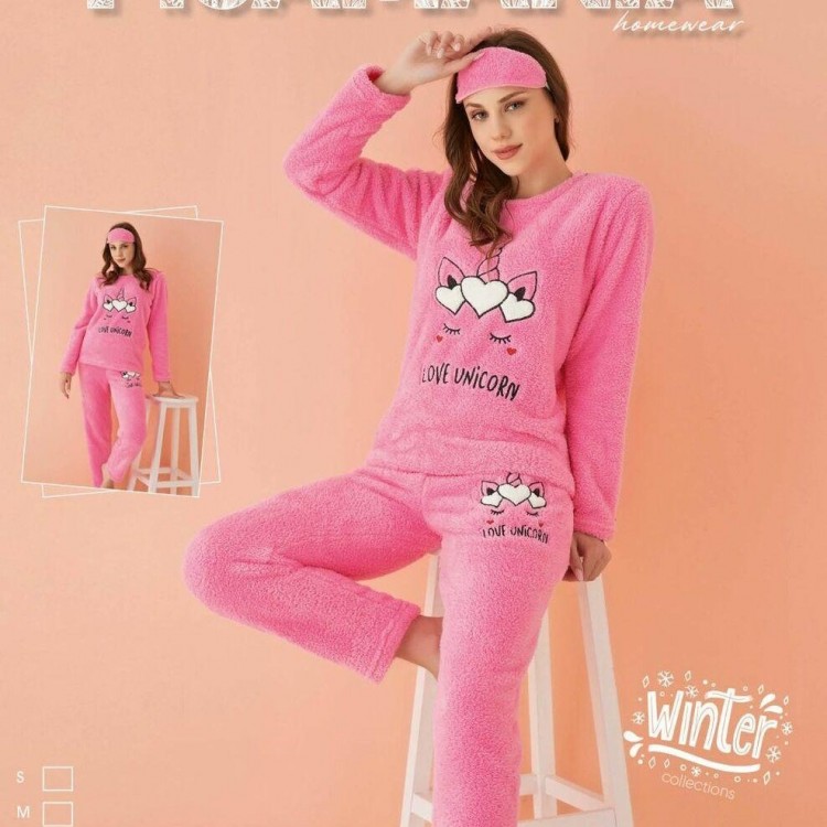 Pijama Cocolino Dama Roz cu Imprimeu Unicorn si Masca Somn PJD065