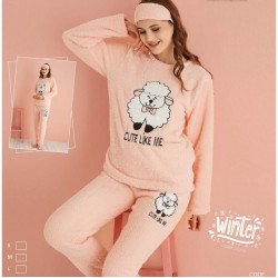Pijama Cocolino Dama Bej cu Imprimeu Oita si Masca Somn PJD068 Pijama Cocolino Dama Bej cu Imprimeu Oita si Masca Somn PJD068