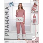 Pijama dama vatuita roz prafuit cu alb si imprimeu cocolino PJD070