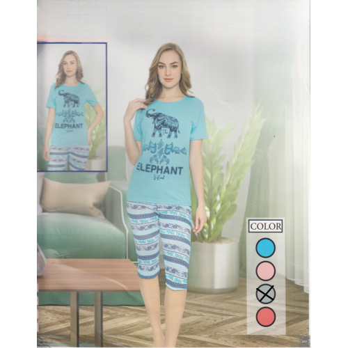 Pijama Dama gri tricou cu imprimeu elefant si pantaloni trei sferturi PJD084