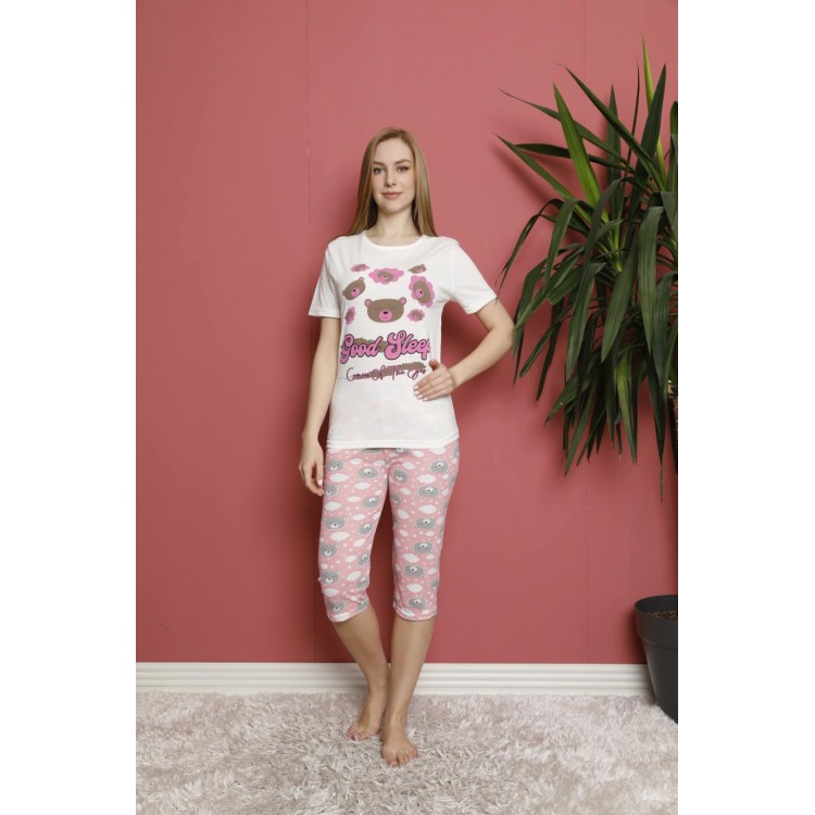 Pijama Dama cu imprimeu urs tricou alb si pantaloni roz trei sferturi PJD084