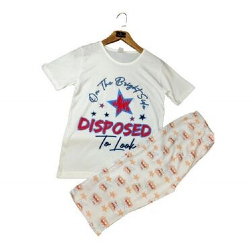 Pijama Dama batal alba tricou cu imprimeu stea si pantaloni trei sferturi PJD086