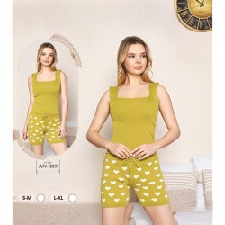 Pijama Dama tricotata verde mustar maiou si pantaloni scurti cu inimioare albe PJD089 Pijama Dama tricotata verde mustar maiou si pantaloni scurti cu inimioare albe PJD089