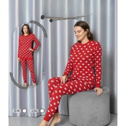 Compleu tricot dama rosu cu inimi albe PJD101 Compleu tricot dama rosu cu inimi albe PJD101