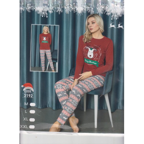 Pijamale dama din doua piese de Craciun bluza  cu imprimeu ren si pantaloni lungi  PJD102