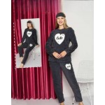 Pijama Cocolino Dama Neagra cu imprimeu inima si Masca Somn PJD103