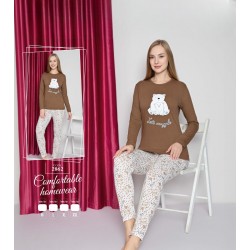 Pijama dama bluza maro cu imprimeu ursi si pantaloni lungi  PJD111 Pijama dama bluza maro cu imprimeu ursi si pantaloni lungi  PJD111