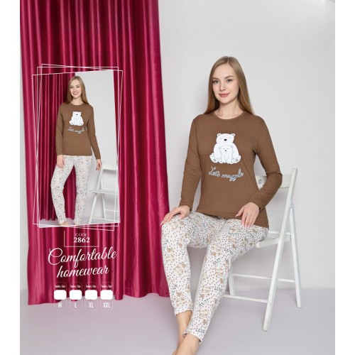 Pijama dama bluza maro cu imprimeu ursi si pantaloni lungi  PJD111