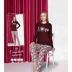 Pijama dama bluza visinie cu imprimeu si pantaloni lungi  PJD111 Pijama dama bluza visinie cu imprimeu si pantaloni lungi  PJD111